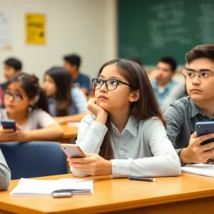 Students in a classroom focused on their studies without cell phones.