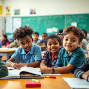 Diverse students in a Texas classroom participating in educational activities
