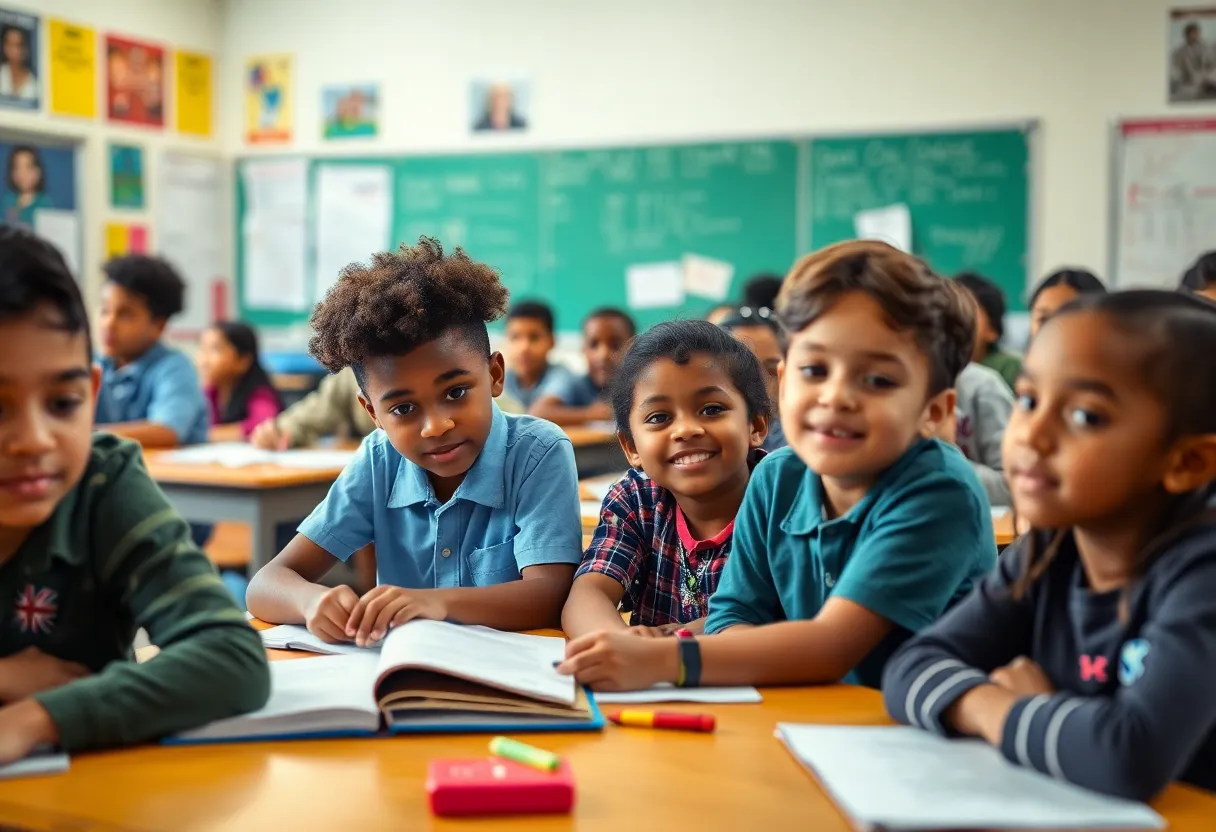 Diverse students in a Texas classroom participating in educational activities