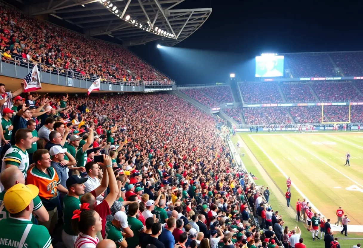 Texas Longhorns football game with fans cheering in a packed stadium.