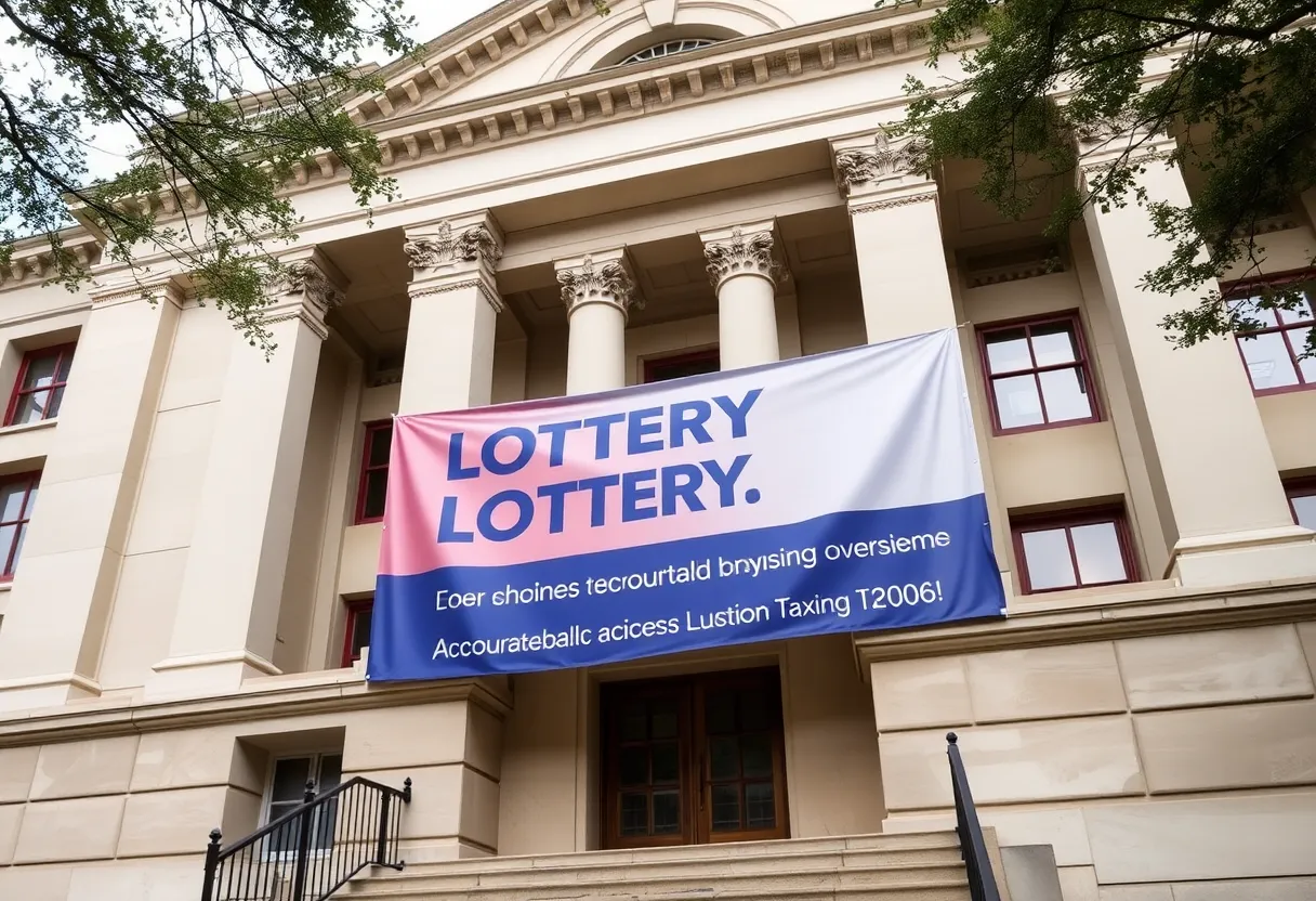 Texas Senate building with lottery reform banner