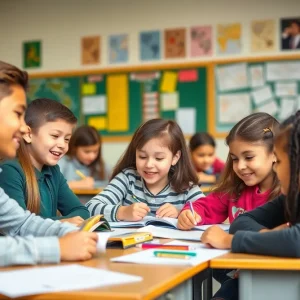 Students in a classroom working together on a project