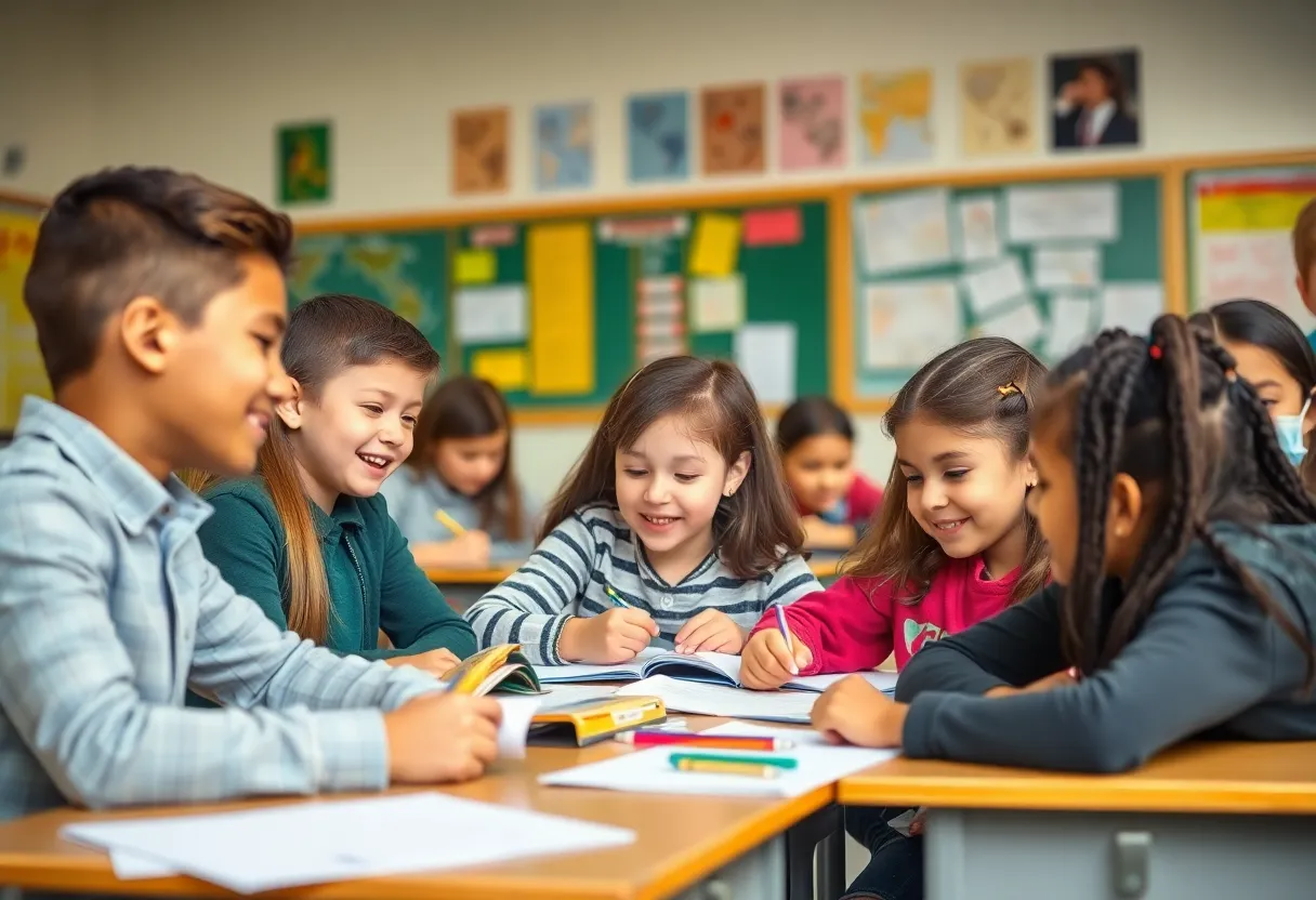 Students in a classroom working together on a project
