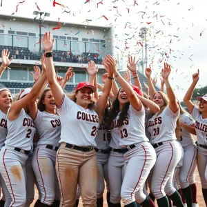 University of Texas softball team celebrating their NCAA championship win