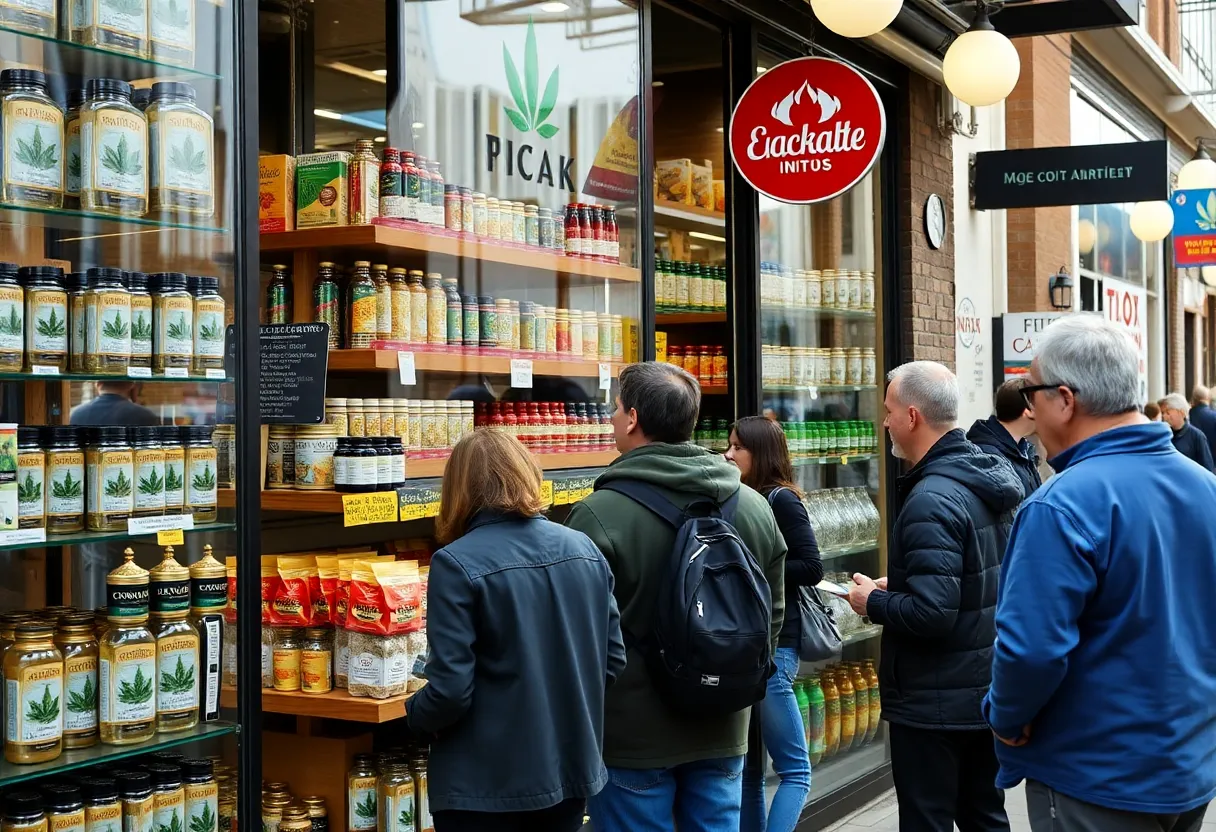 Storefront of a cannabinoid shop with consumers before THC ban.