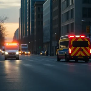 Empty street with emergency vehicle lights at dawn