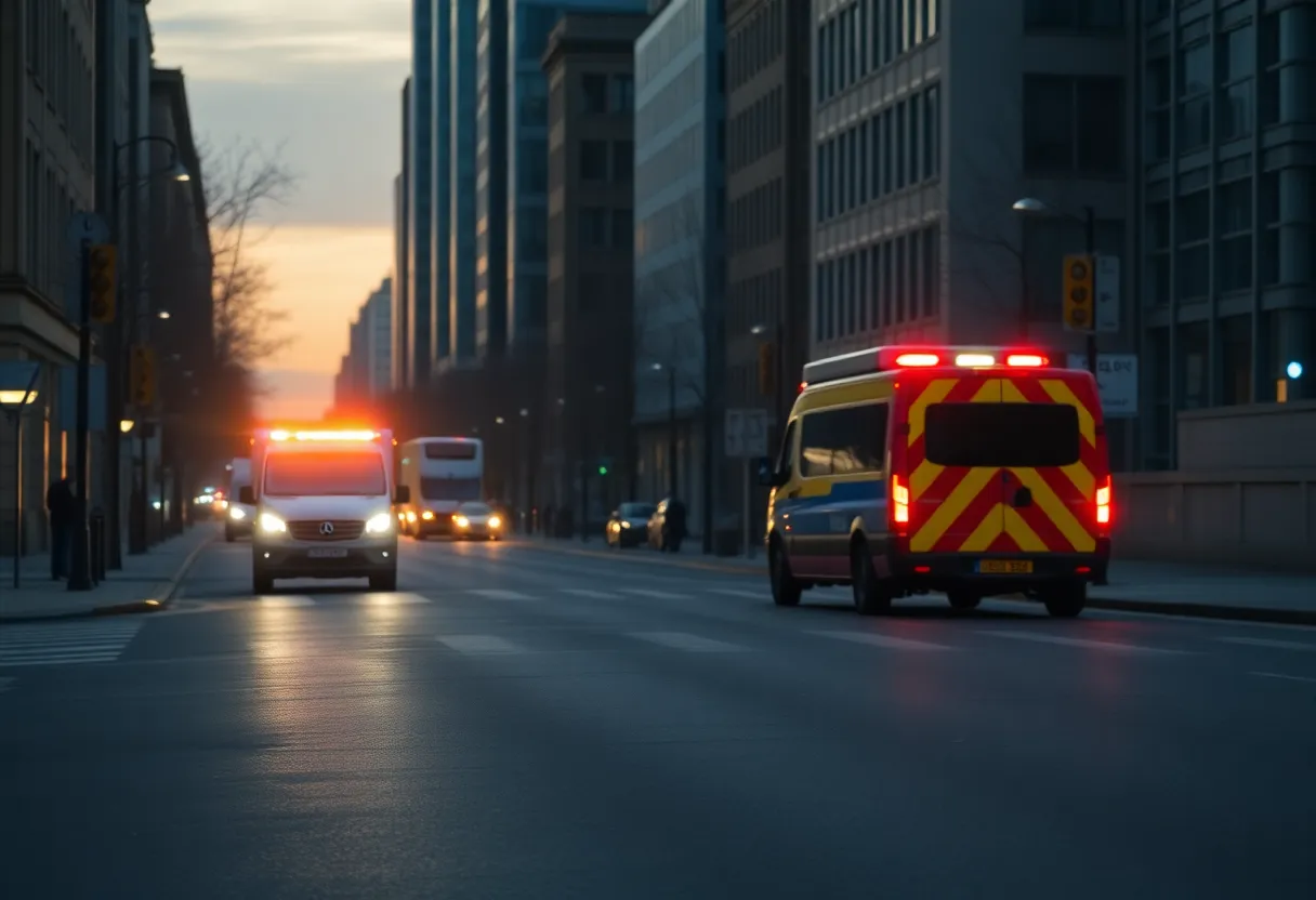 Empty street with emergency vehicle lights at dawn