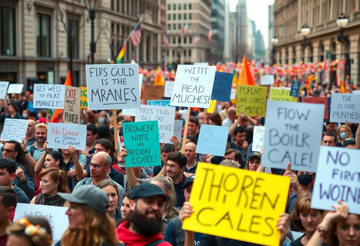 Crowd of protesters demonstrating during Trump's birthday parade