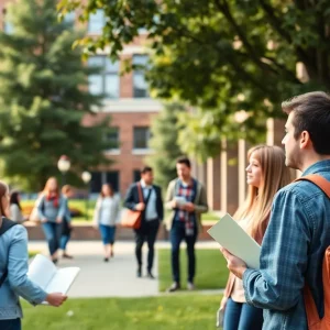 Students and faculty on a university campus engaged in academic discussions.