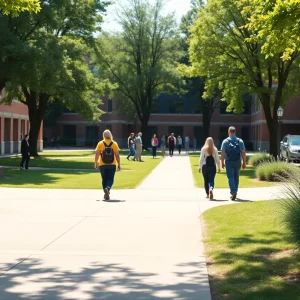 A peaceful scene of students on the University of Texas at Austin campus