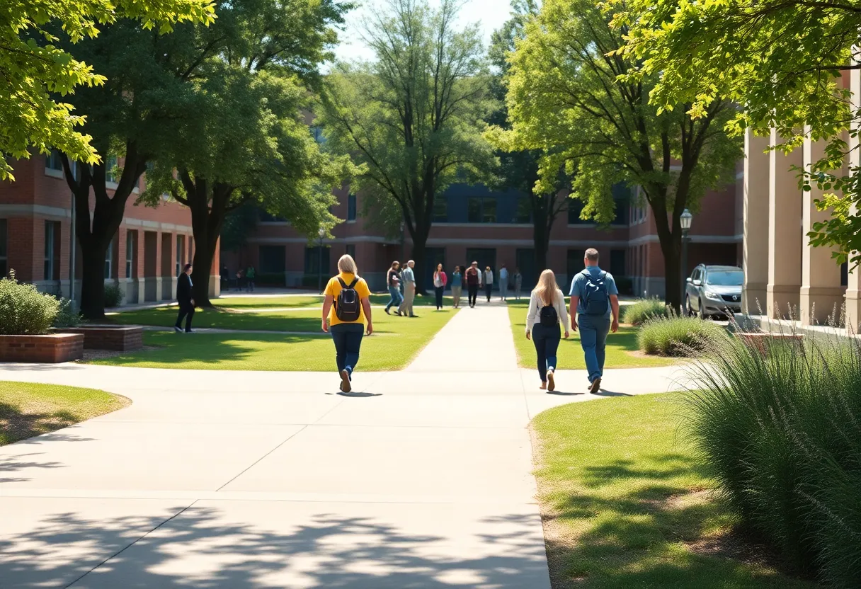 A peaceful scene of students on the University of Texas at Austin campus