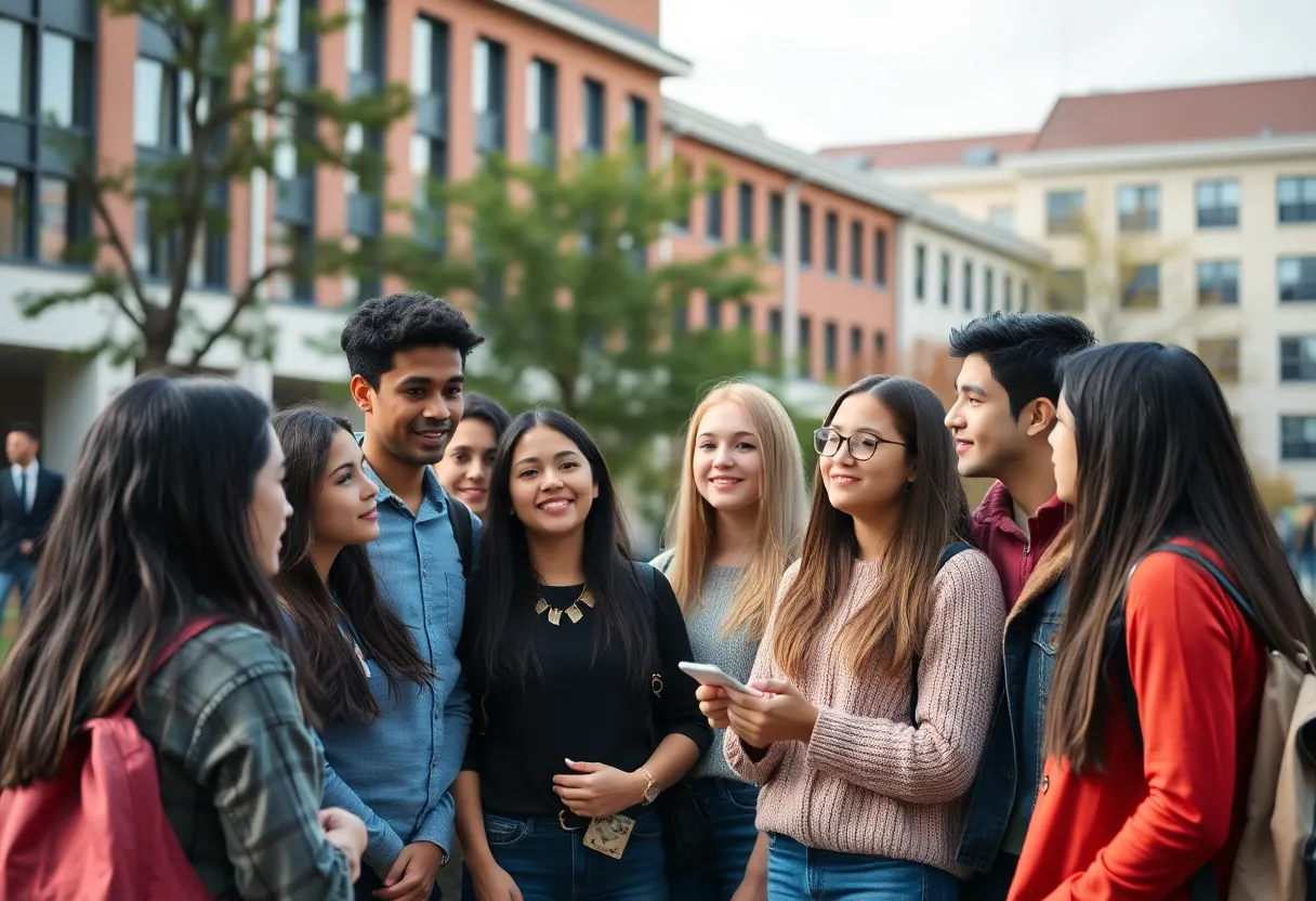 Diverse university students discussing education on campus