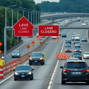 Construction work on US 183 with lane closures and signage