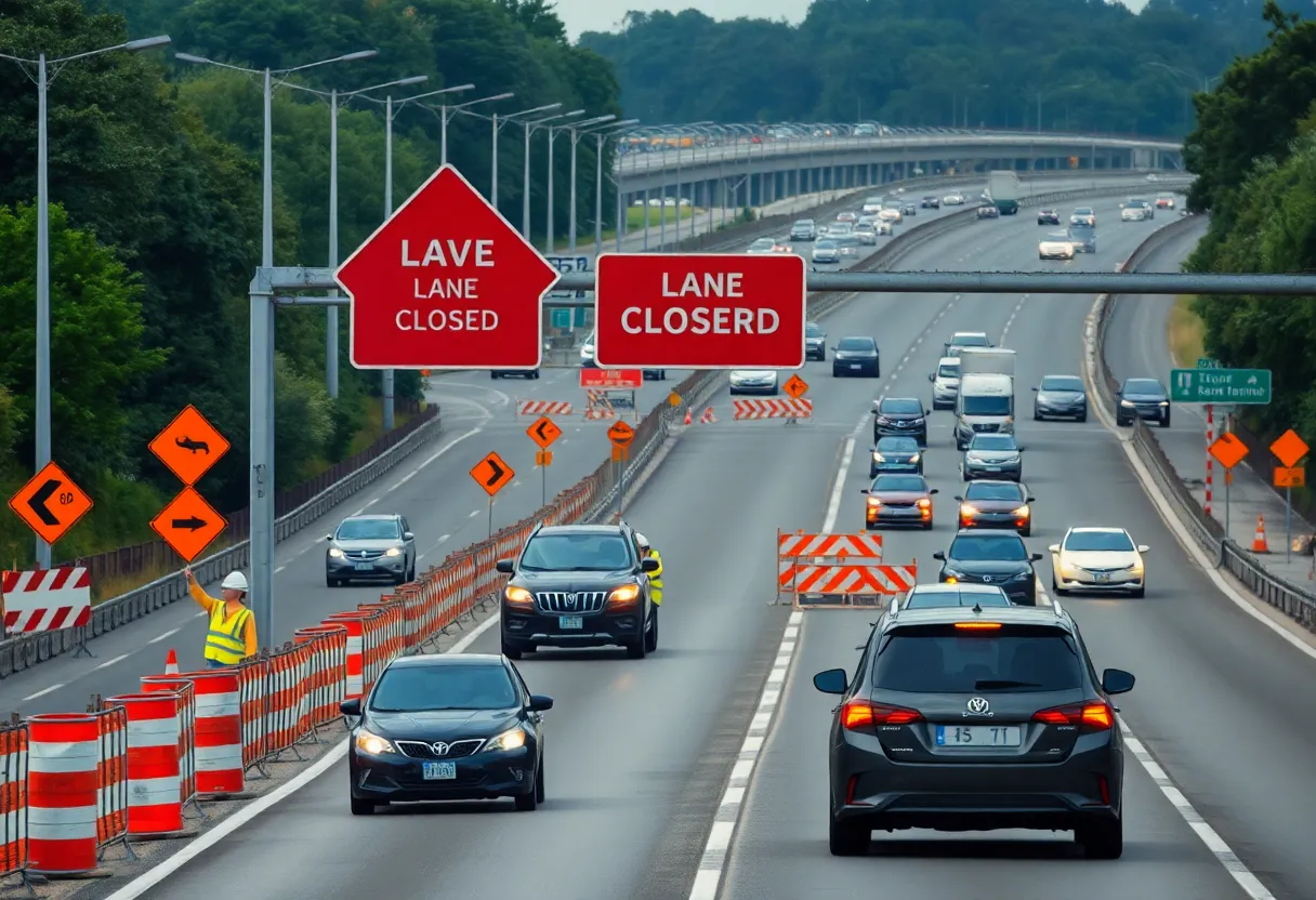 Construction work on US 183 with lane closures and signage
