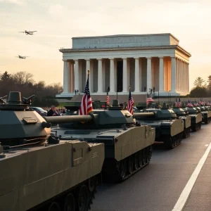 Grand military parade with soldiers and tanks in Washington D.C.
