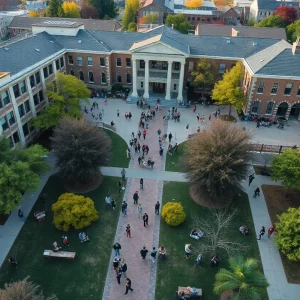 Aerial view of UT Austin campus with students