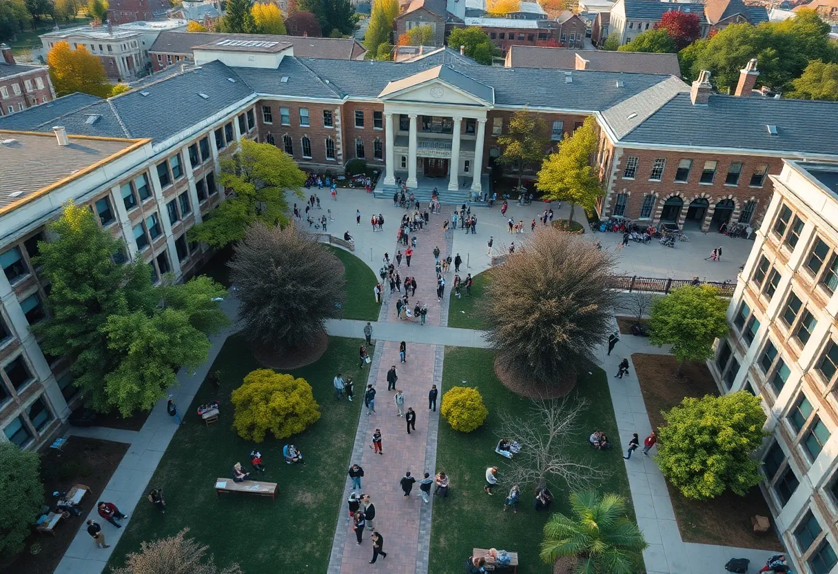 Aerial view of UT Austin campus with students