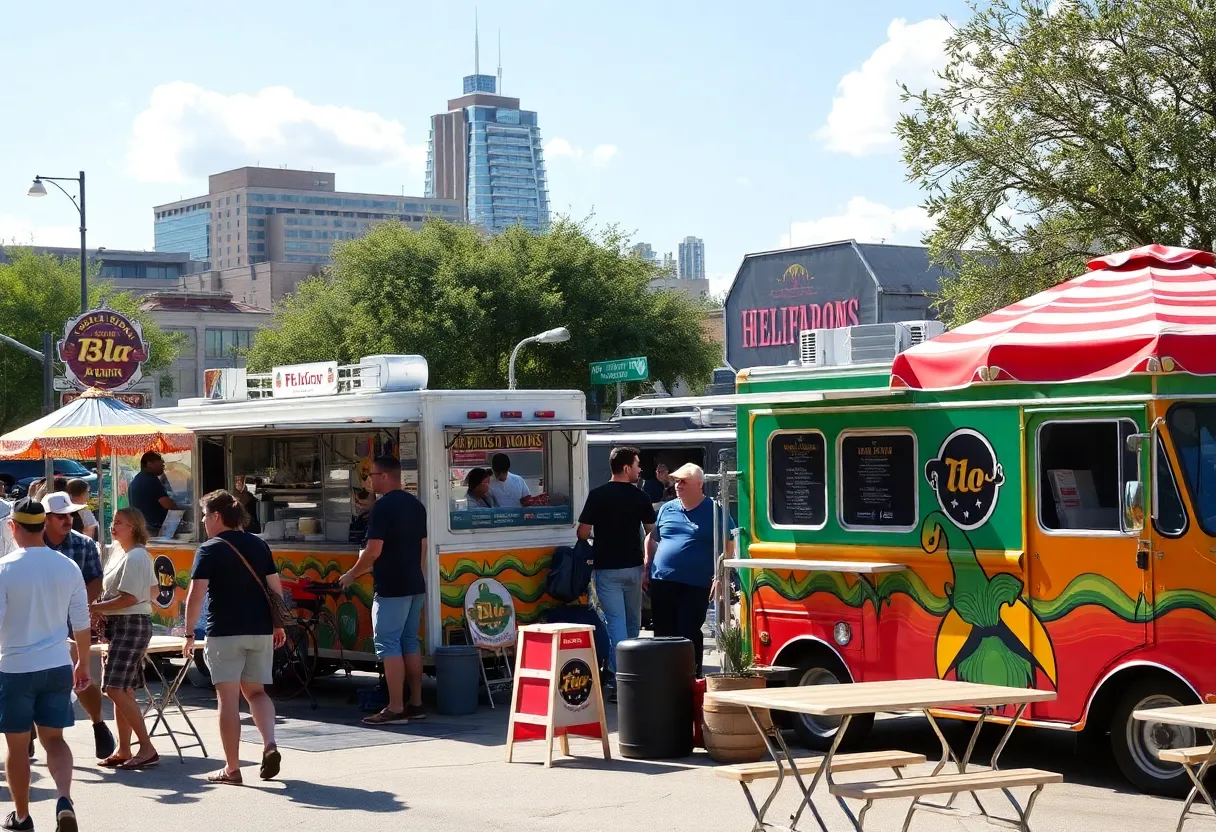 A lively outdoor scene in Austin featuring food trucks and music performances.