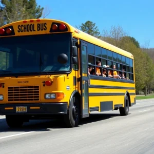 A school bus on a scenic route with happy children inside.