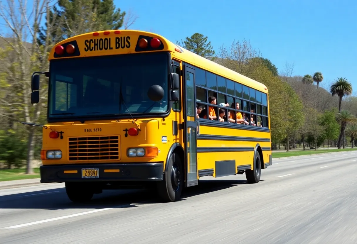 A school bus on a scenic route with happy children inside.