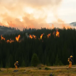 Wildfires raging in Canadian forest with firefighters at work