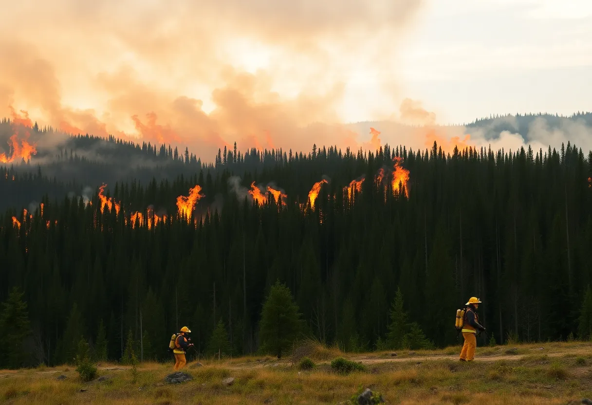 Wildfires raging in Canadian forest with firefighters at work