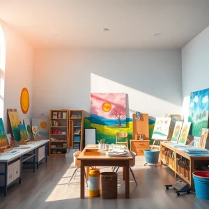 A vibrant art classroom filled with colorful paintings and art supplies.