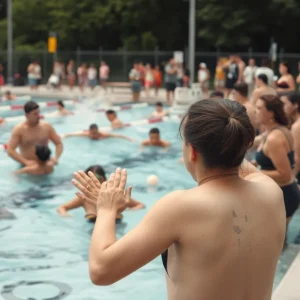 Public swimming area with distressed individuals after an assault incident
