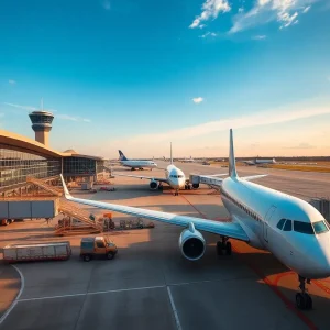 View of Austin-Bergstrom International Airport with airplane