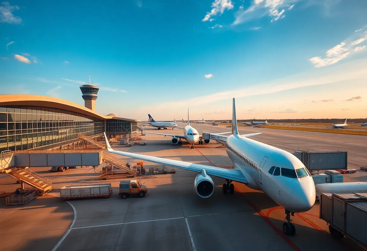View of Austin-Bergstrom International Airport with airplane