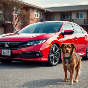 Red Honda Civic car parked near an apartment complex