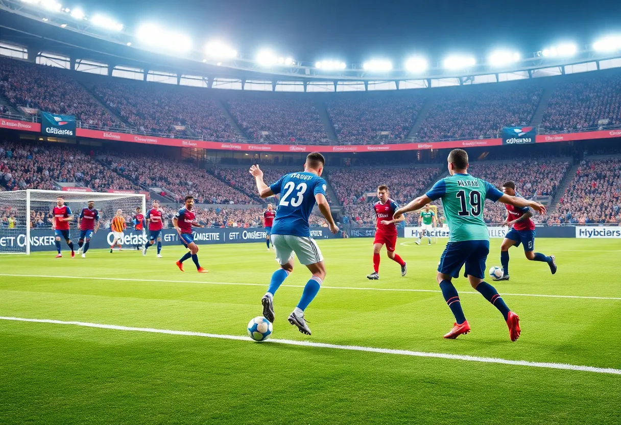 Austin FC and New England Revolution players in action during a match.
