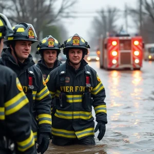 Firefighters conducting rescue operations during a flood emergency in Austin.