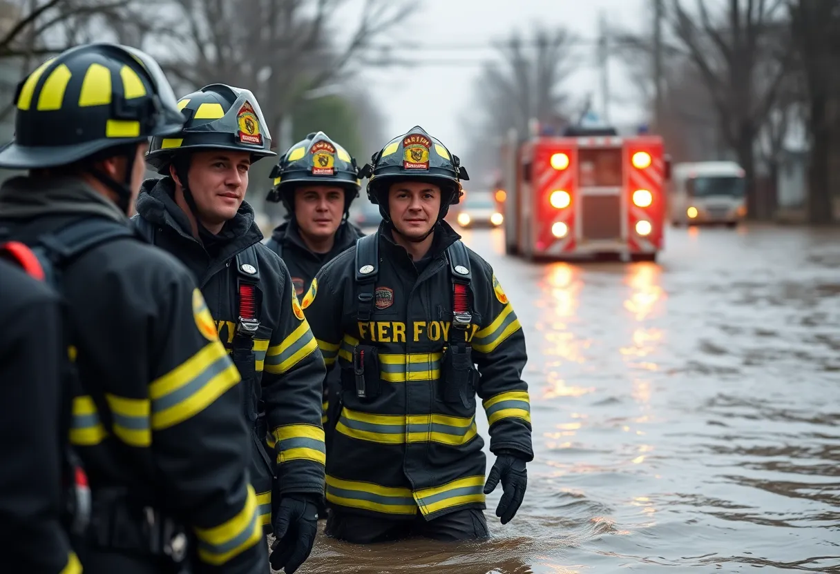 Firefighters conducting rescue operations during a flood emergency in Austin.