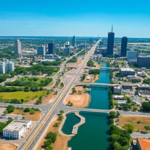 Aerial view of Austin highlighting flood management infrastructure