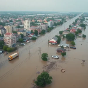 Rescue teams operating in flooded city environment