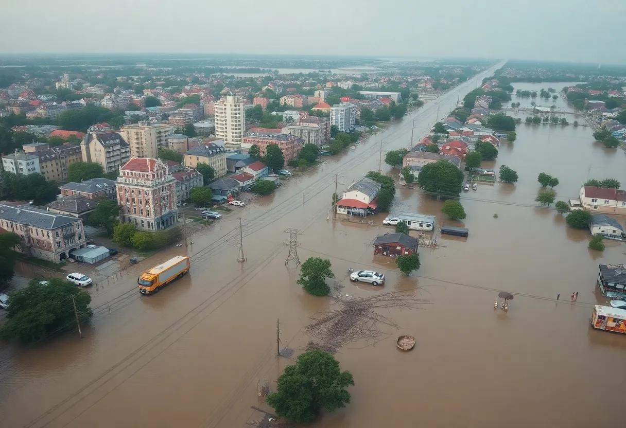 Rescue teams operating in flooded city environment