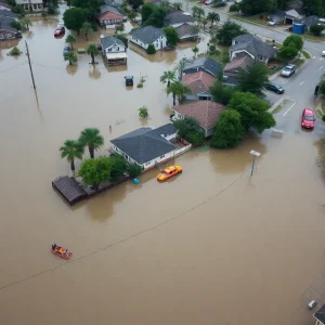 Severe flooding in Austin area showing submerged buildings and rescue efforts.