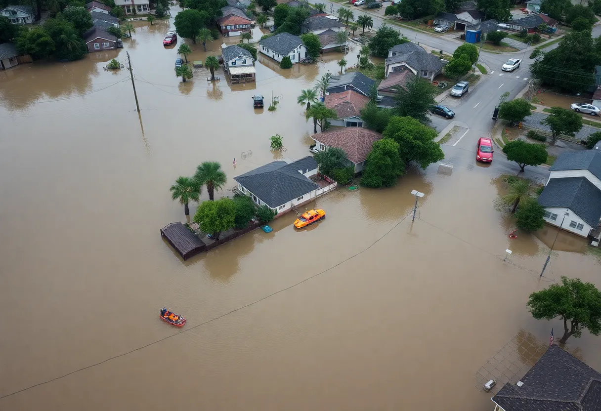 Severe flooding in Austin area showing submerged buildings and rescue efforts.
