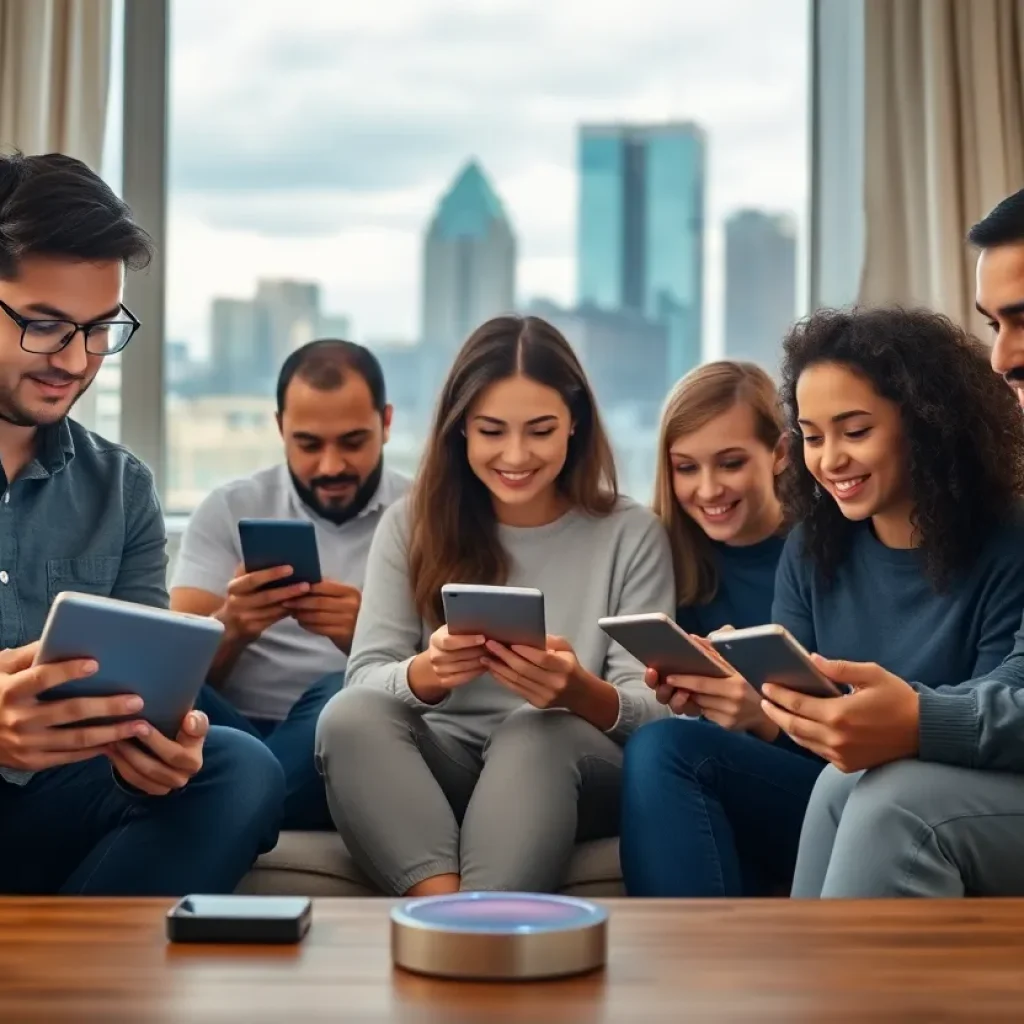 People using internet services in Austin with a city skyline