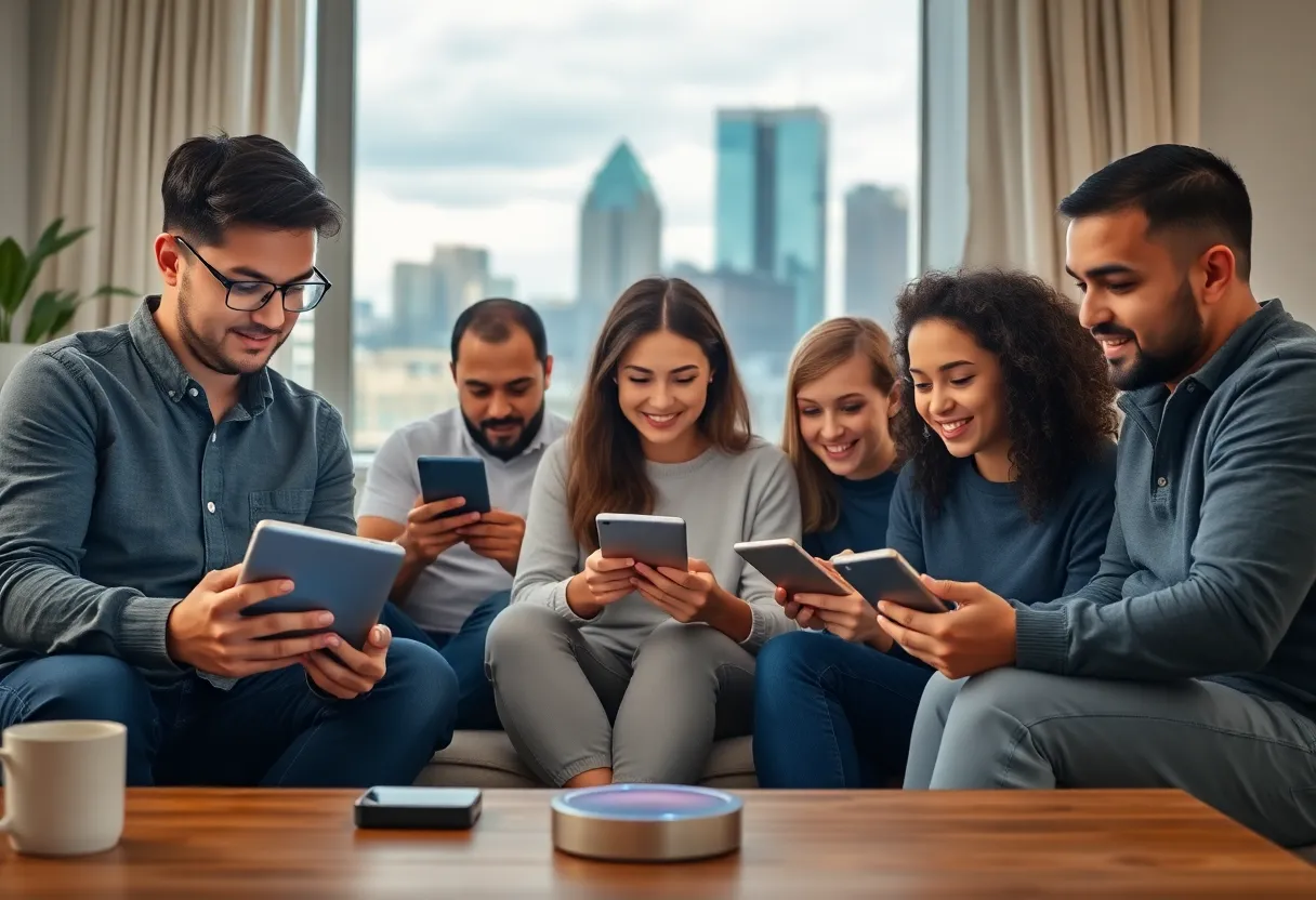 People using internet services in Austin with a city skyline
