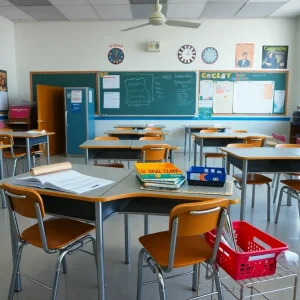 Empty classroom symbolizing funding cuts in Austin ISD
