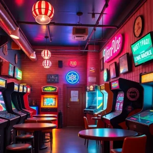Back 2 The Video Store themed bar with neon lights and retro decor