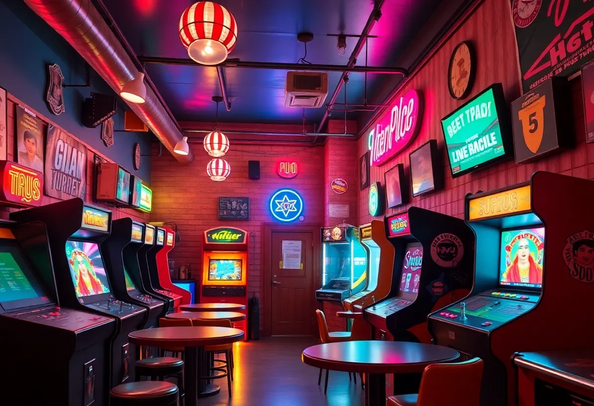 Back 2 The Video Store themed bar with neon lights and retro decor