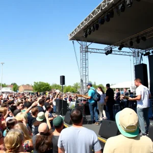 Musicians performing at a benefit concert for flood relief