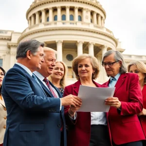 A diverse group of lawmakers discussing legislation on Epstein files