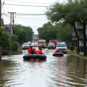 Emergency responders conducting water rescues during central Texas flooding.