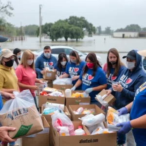 Volunteers from Central Texas distributing relief supplies during flooding.