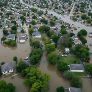 Aerial view of Central Texas neighborhoods affected by flooding