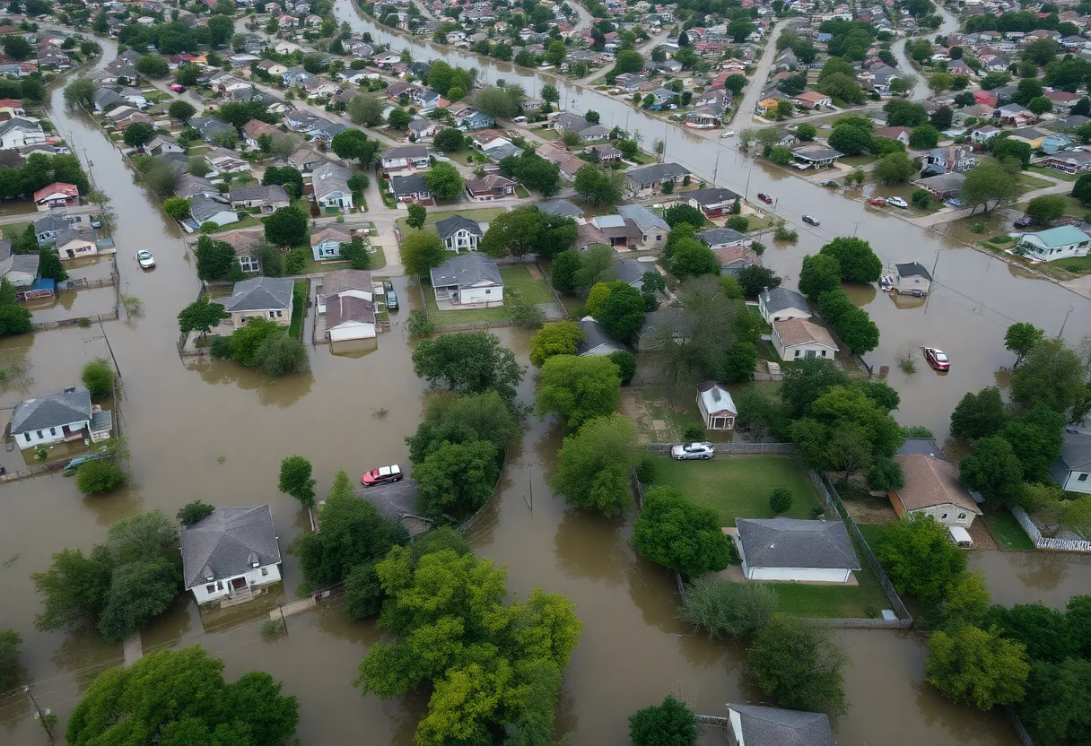 Aerial view of Central Texas neighborhoods affected by flooding